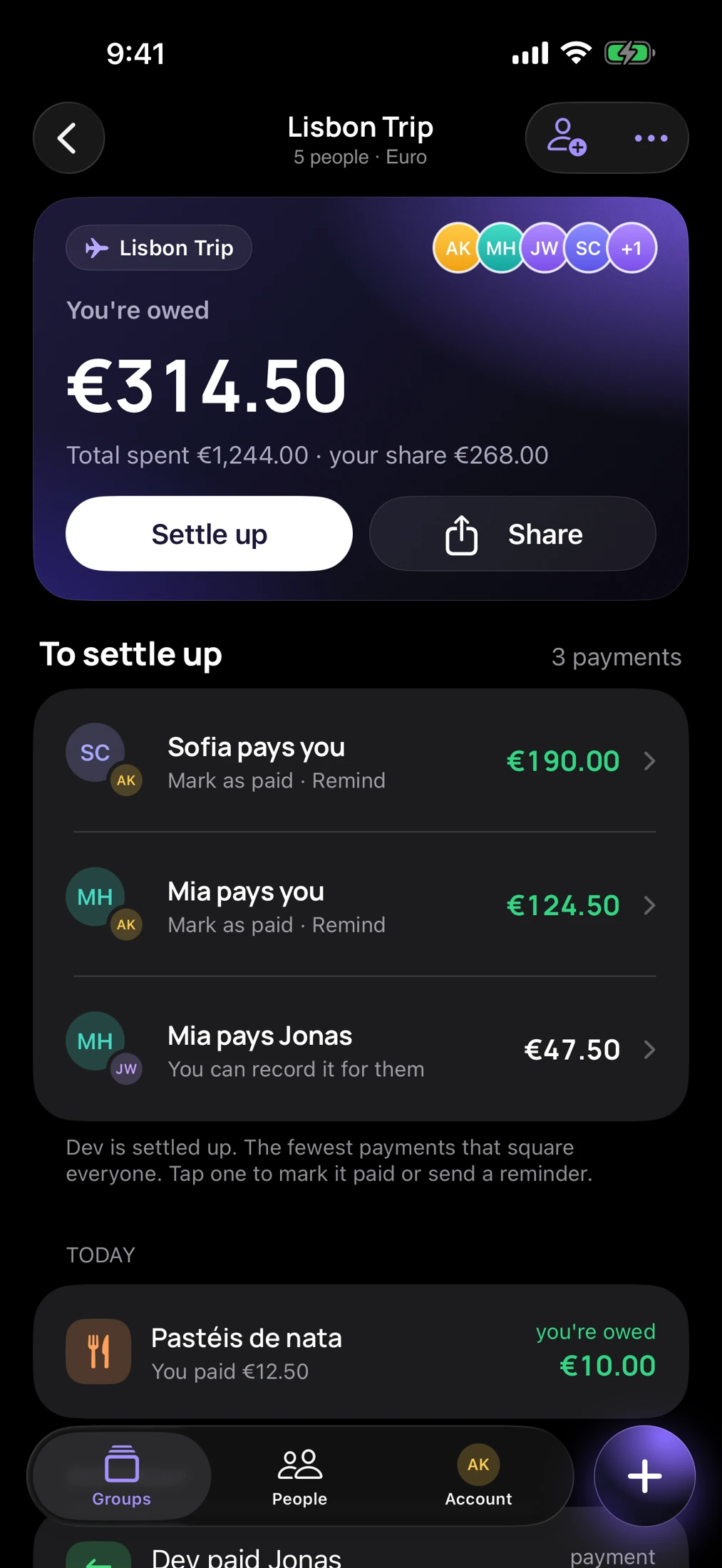 Native SuperSplit group view in dark mode, showing suggested payments